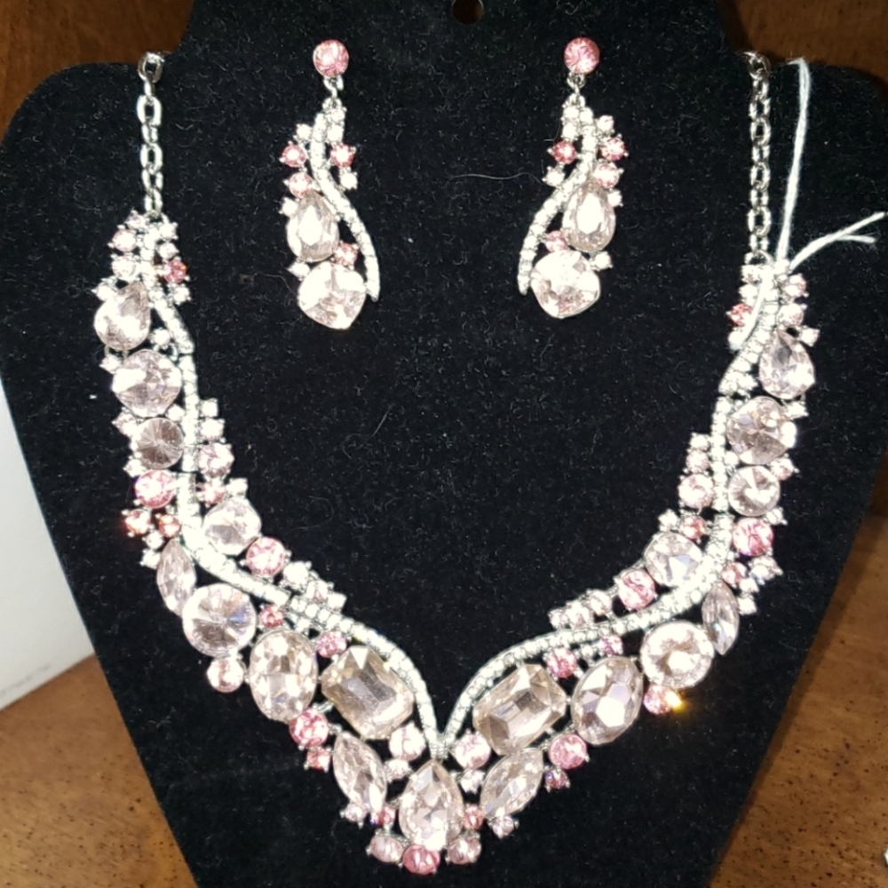 Pink and silver necklace and earrings set